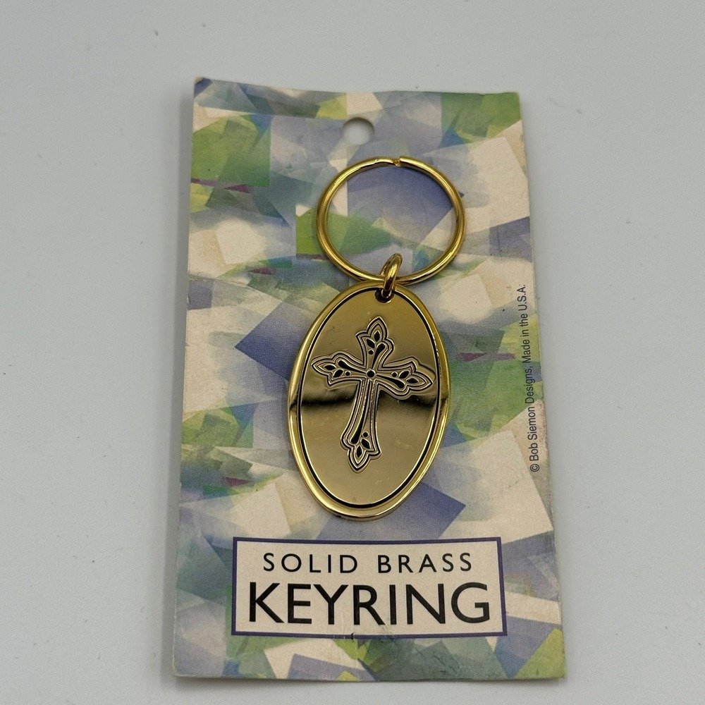 Bob Siemon Designs Solid Brass Keyring Engraved Cross Oval Keychain Made in USA